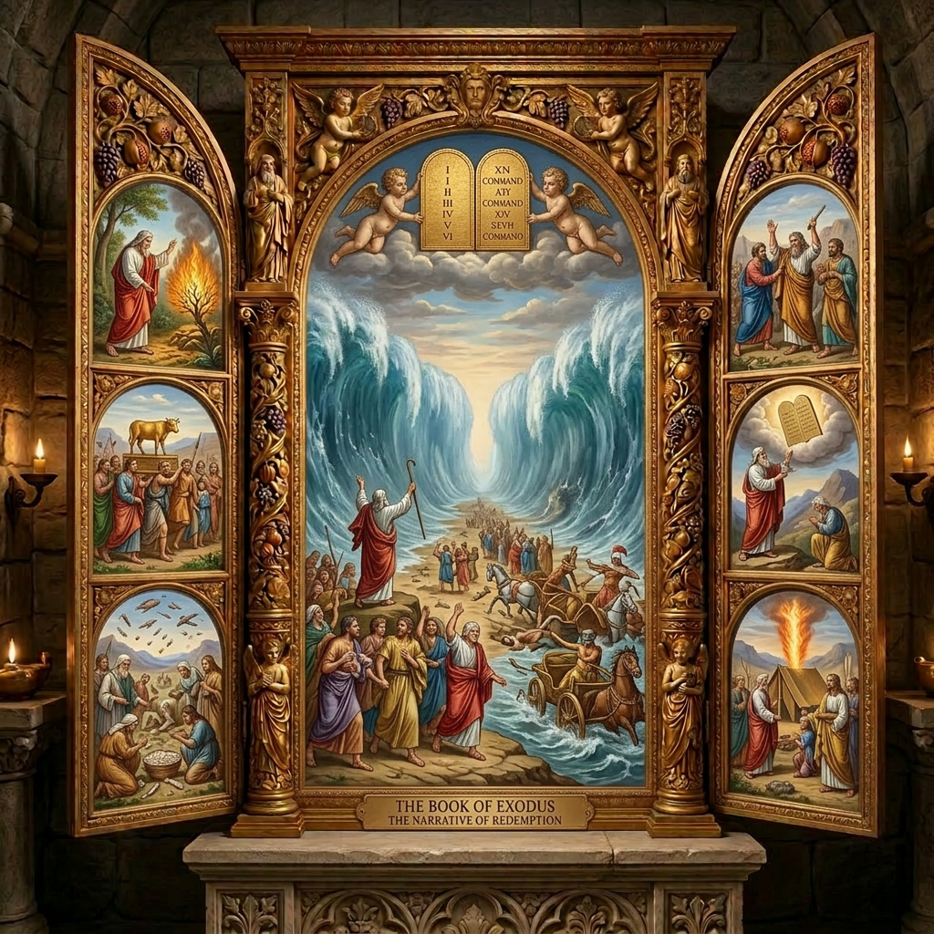 Triptych showing scenes from Moses' life including burning bush, parting sea, receiving commandments, with open Bible.