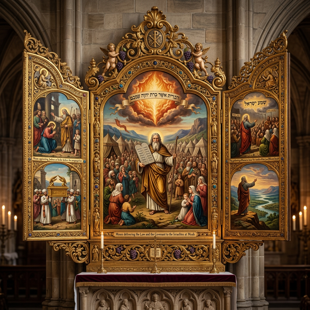 Triptych altar with scenes of Moses giving the Ten Commandments and biblical gatherings