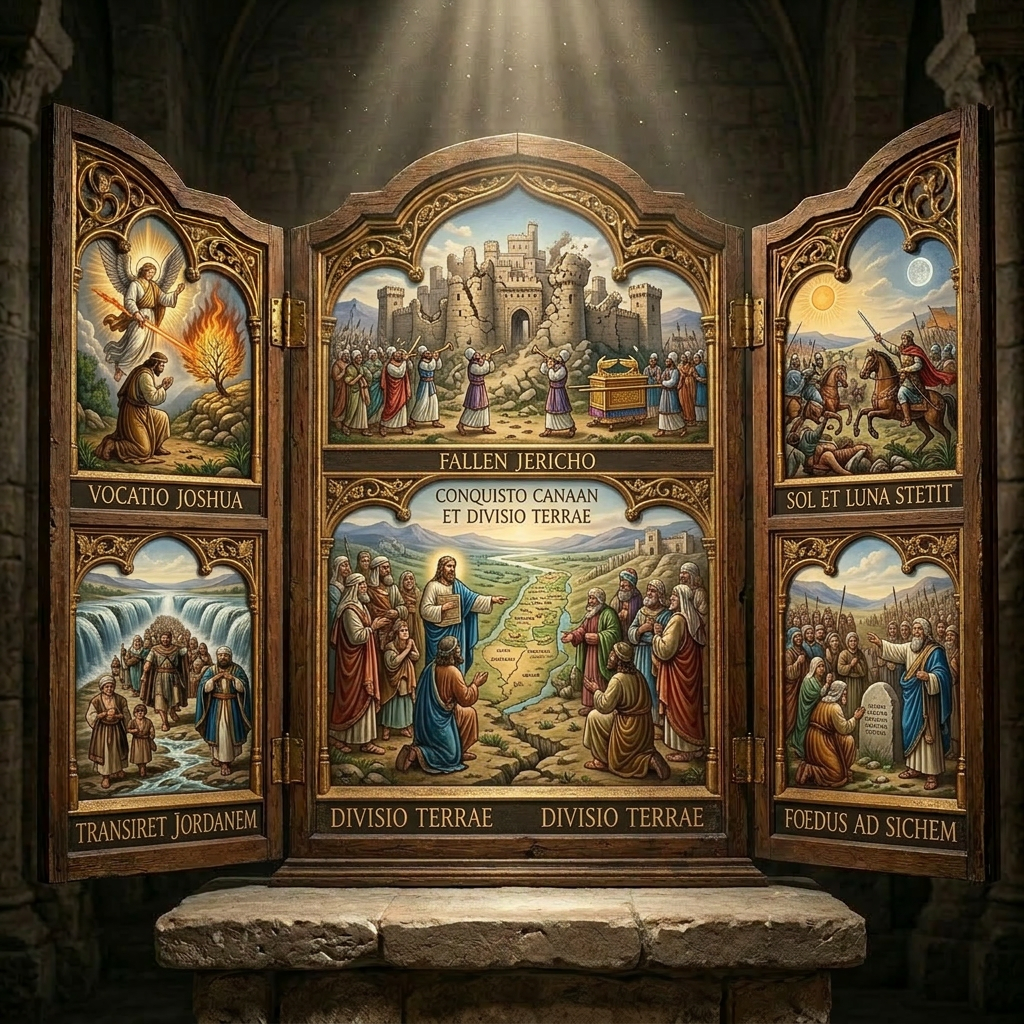 Triptych with paintings of Joshua's calling, crossing Jordan River, fall of Jericho, land division, solar eclipse, and pact at Shechem