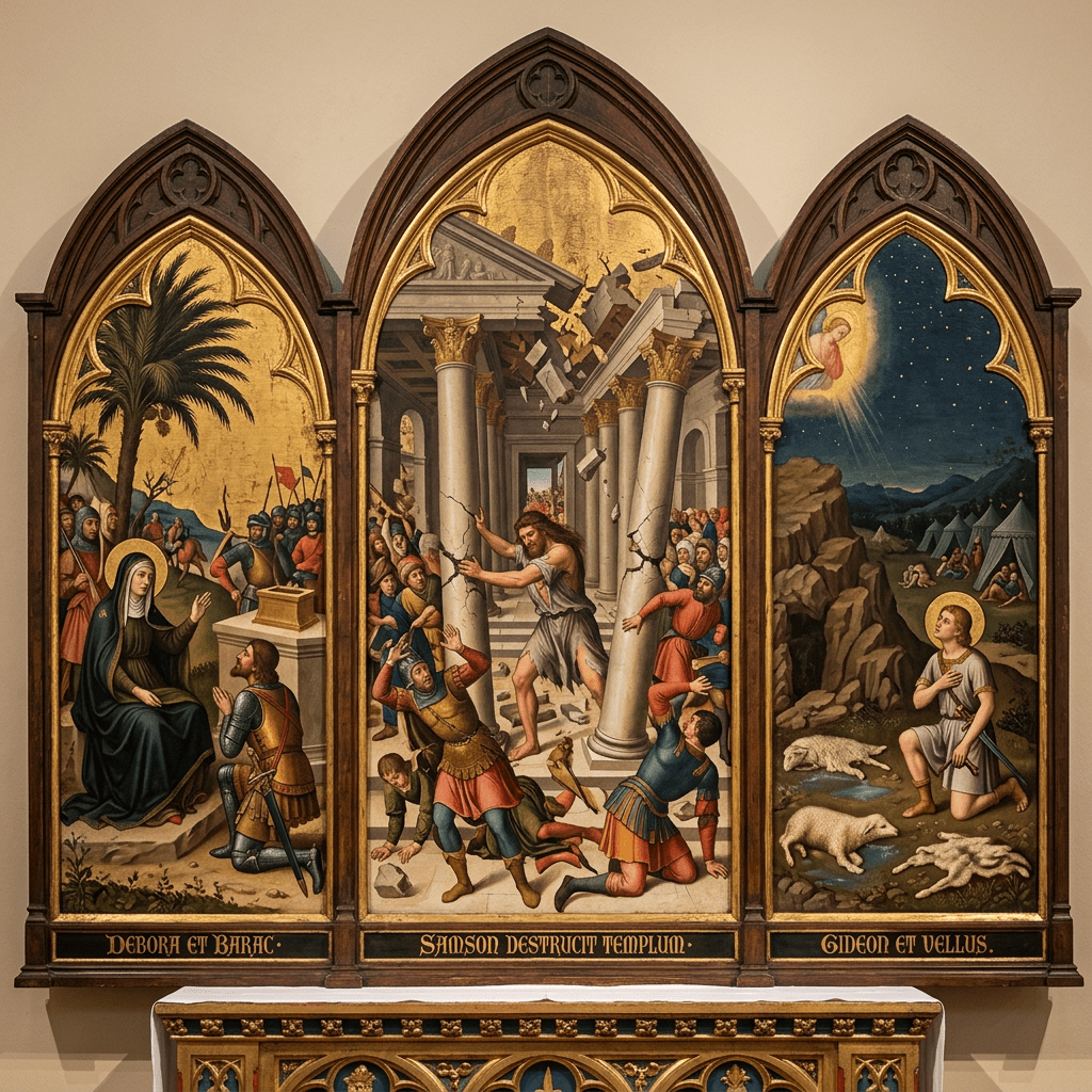 Three-panel Gothic triptych illustrating biblical scenes of Debora and Barac, Samson destroying a temple, and Gideon with sheep