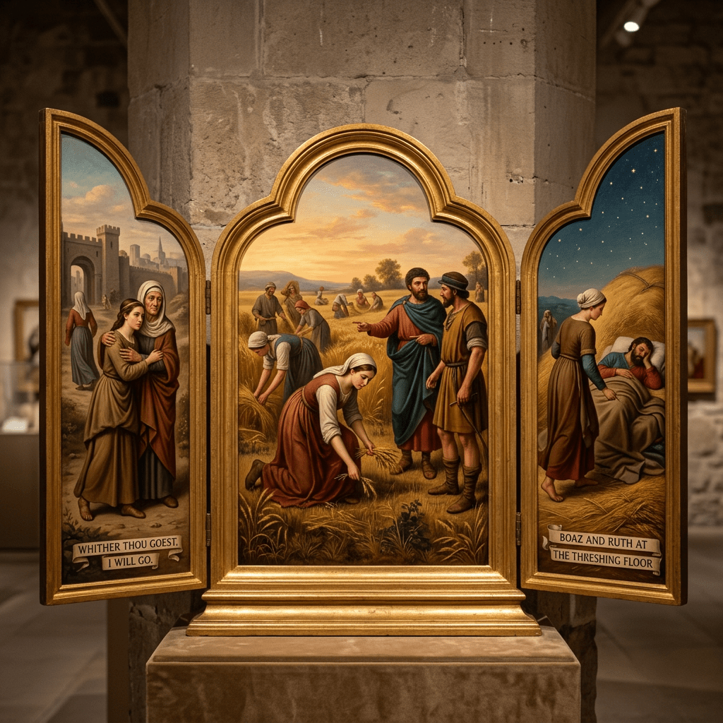 Triptych showing scenes of Ruth with Naomi, Ruth gleaning in fields, and Ruth visiting Boaz at threshing floor