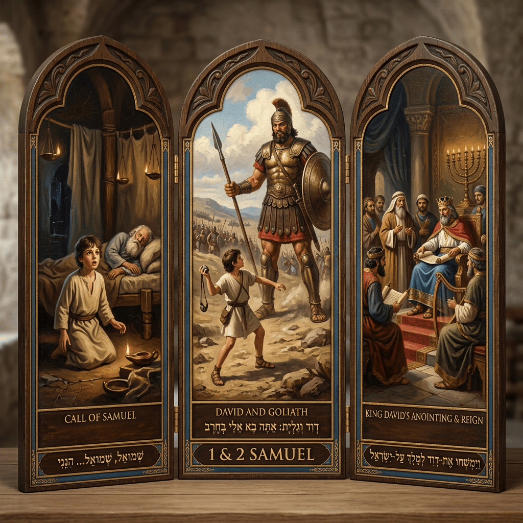 Triptych artwork showing Call of Samuel, David and Goliath battle, and King David's anointing and reign