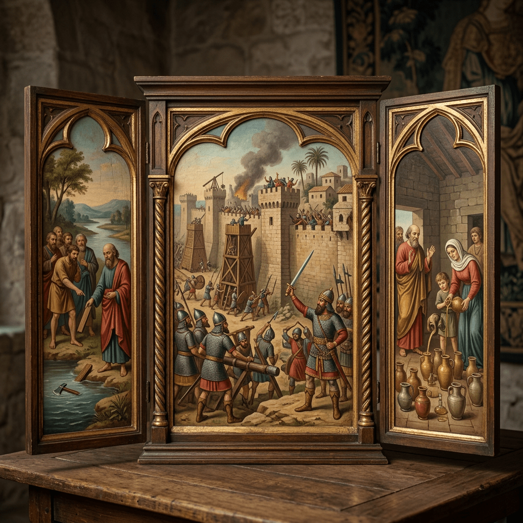 Wooden triptych with three panels showing a medieval siege with soldiers, a group of men by a river with an axe floating, and a woman pouring water into jars inside a stone building.