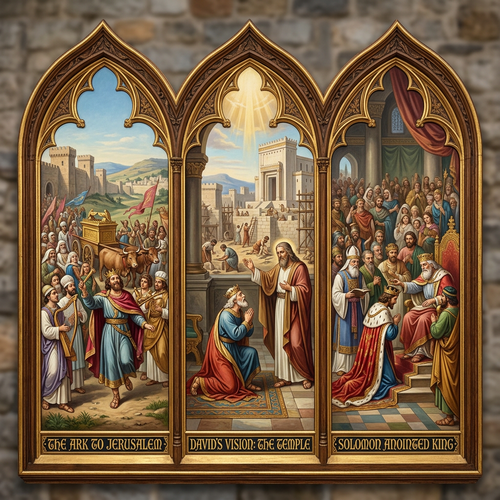 Three-panel artwork showing biblical scenes: Ark arriving in Jerusalem, David receiving a temple vision, Solomon being anointed king.
