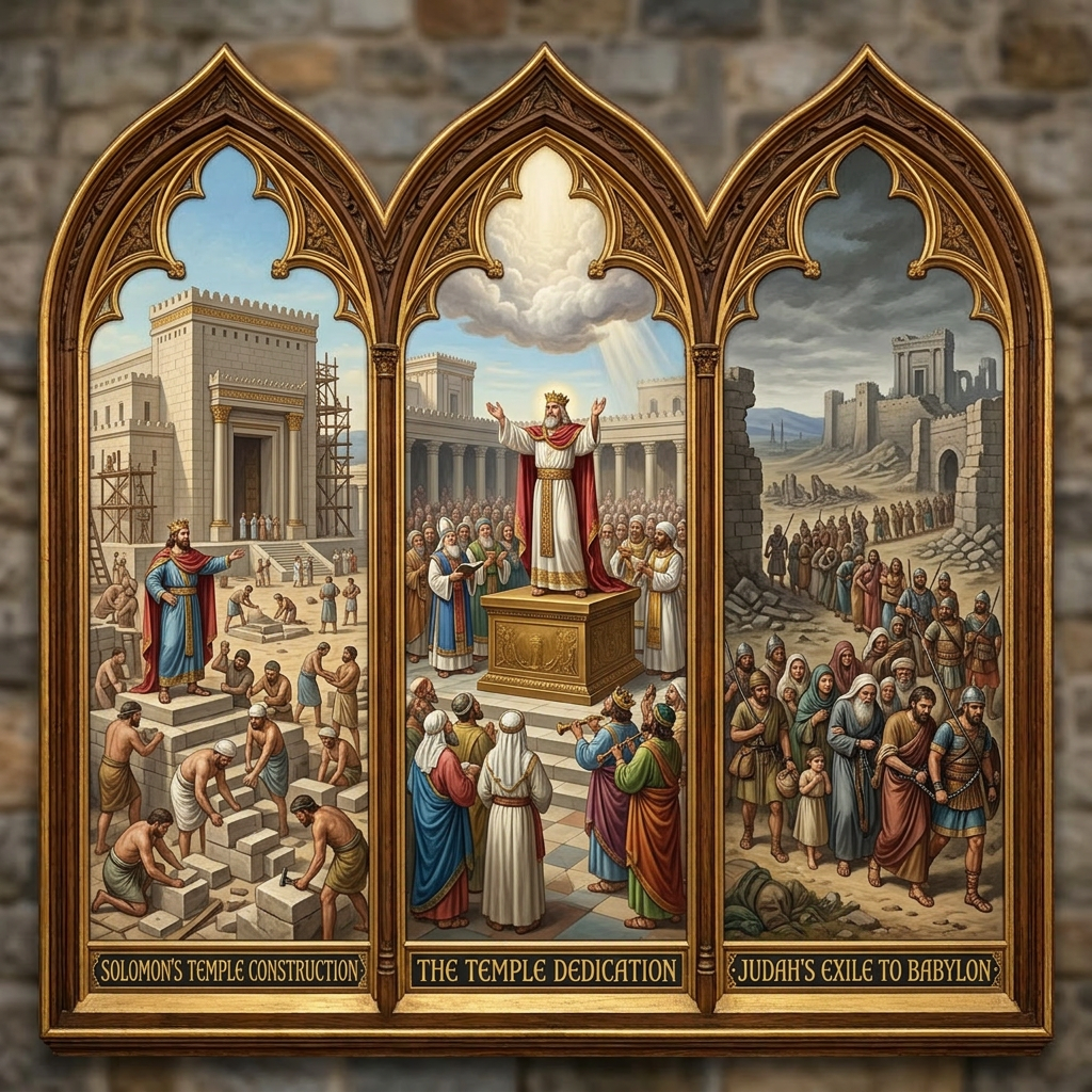 Three-panel artwork showing biblical scenes: Ark arriving in Jerusalem, David receiving a temple vision, Solomon being anointed king.