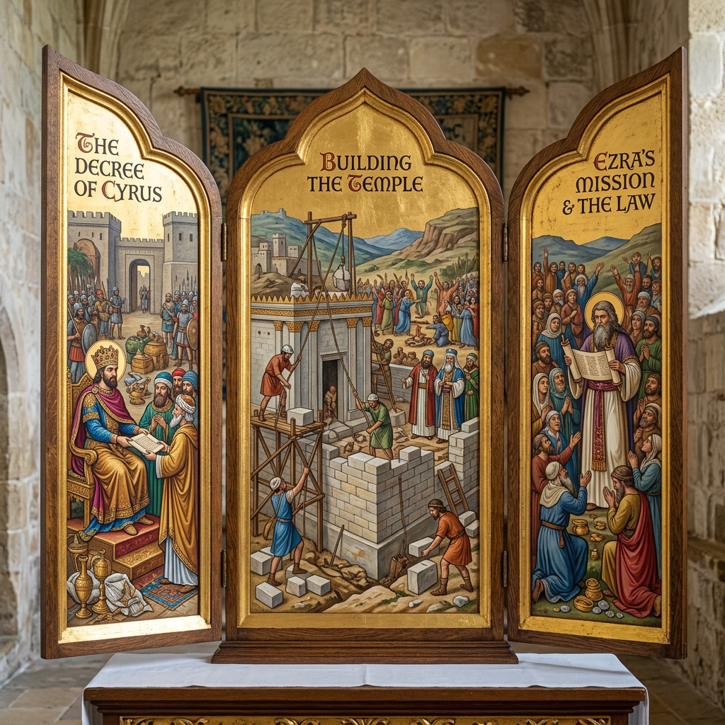 Triptych artwork showing the decree of Cyrus, temple building, and Ezra teaching the law
