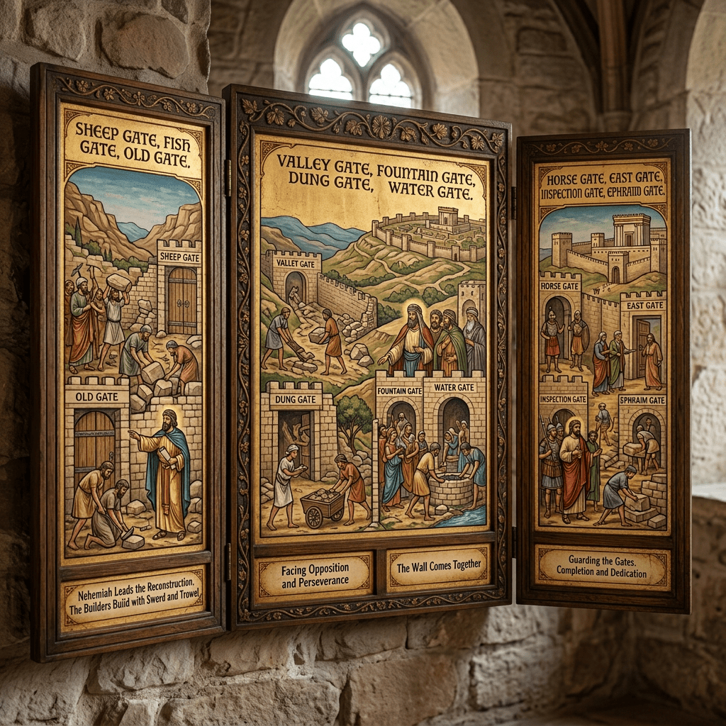Three illustrated wooden panels showing biblical scenes of gate reconstruction named Sheep Gate, Valley Gate, and Horse Gate