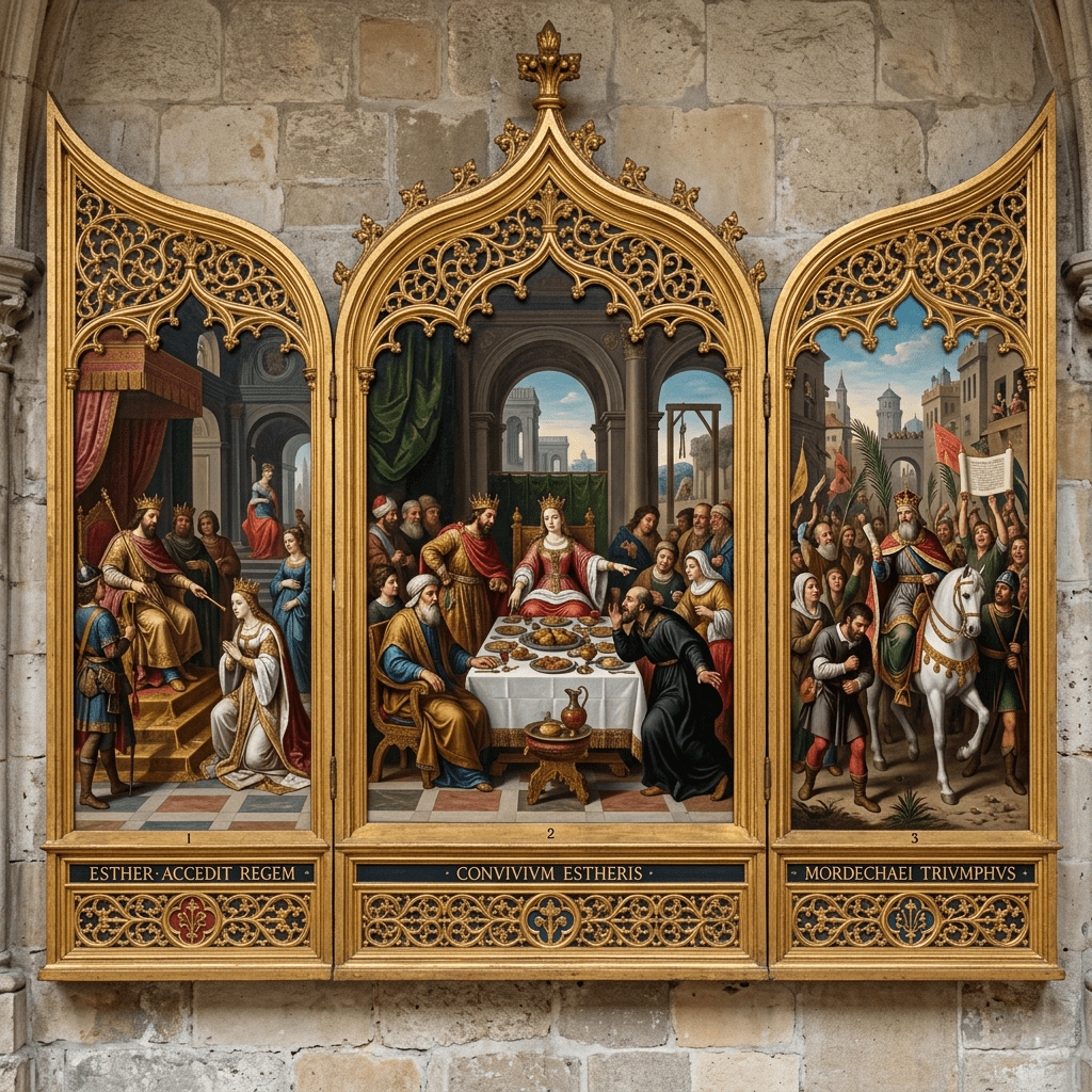 Triptych showing Queen Esther approaching the king, Esther's banquet, and Mordecai's triumph on horseback