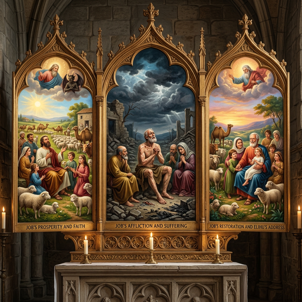 Triptych depicting Job's prosperity and faith, affliction and suffering, restoration and Elihu's address