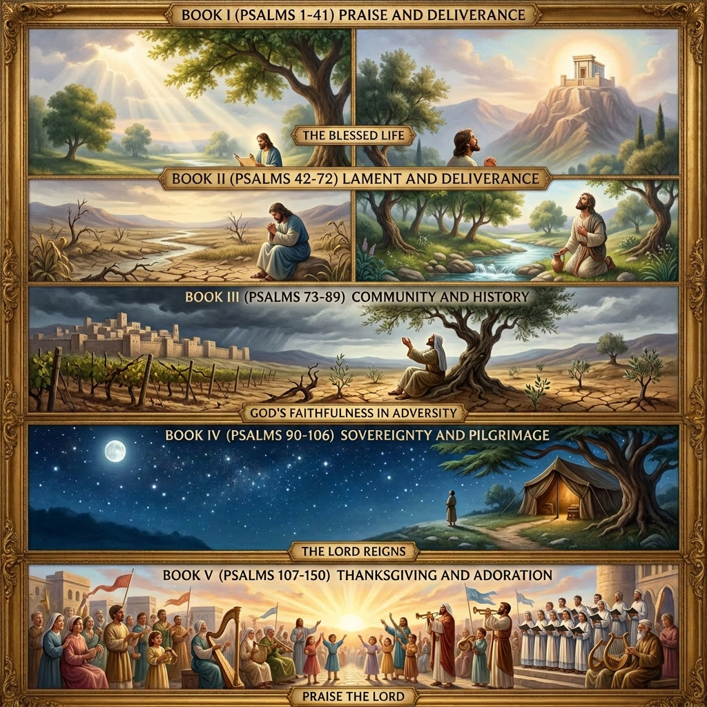 Scenes representing the five books of Psalms with themes like praise, deliverance, longing for God, faithfulness, sovereignty, and thanksgiving
