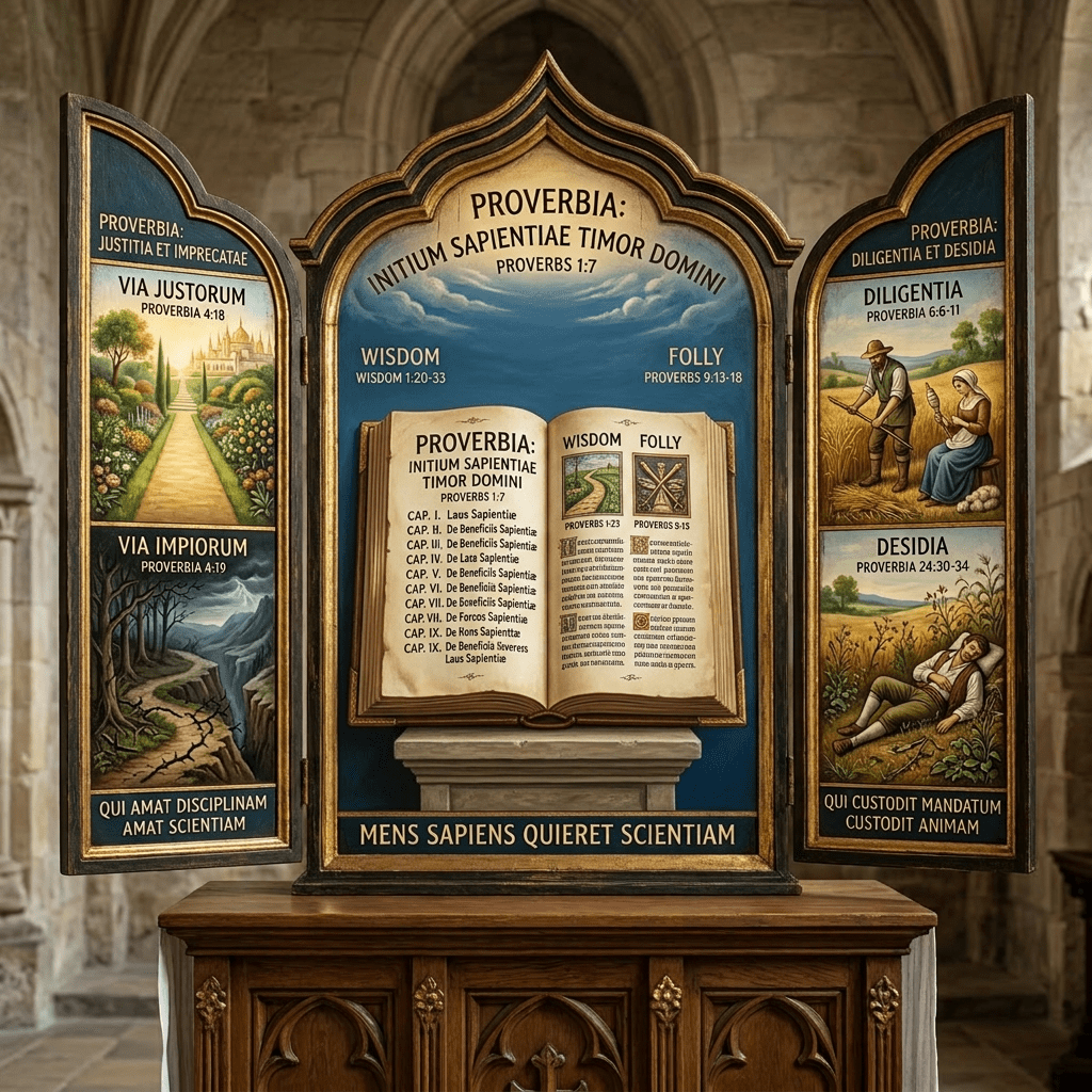 Triptych with open Bible and illustrations representing Proverbs on wisdom and folly