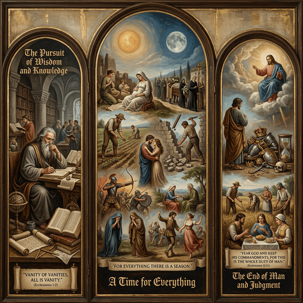 Triptych painting depicting pursuit of wisdom, life seasons, and divine judgment with biblical texts