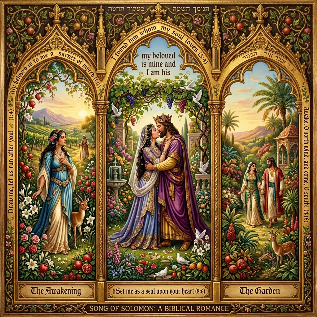 Triptych artwork showing biblical romantic scenes from Song of Solomon with figures, floral and natural elements